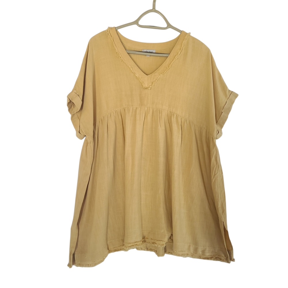 White Birch Mustard Yellow Linen Blend Babydoll Mini Dress Raw Hem Medium